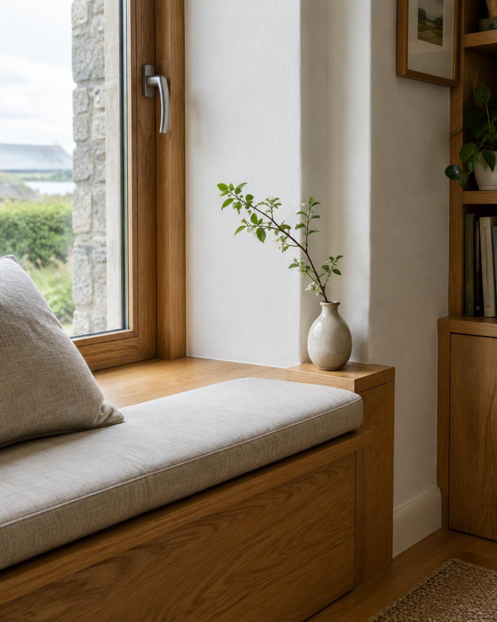 Oak window seat and plaster finish detail