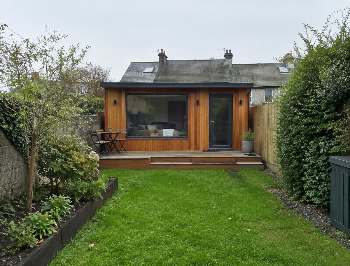 A timber-clad garden building with a large window at the end of a back garden