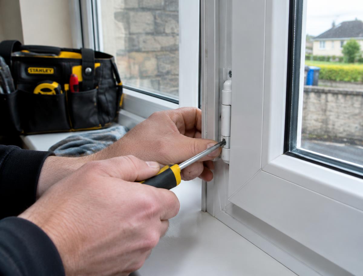 Hands adjusting a white window hinge with a screwdriver